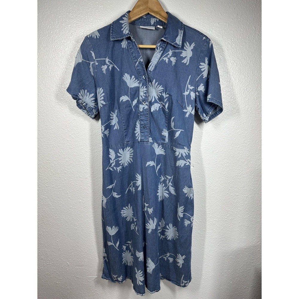 Denim & Co Shirt Dress Womens XXS Blue Chambray Floral Short Sleeve Collared